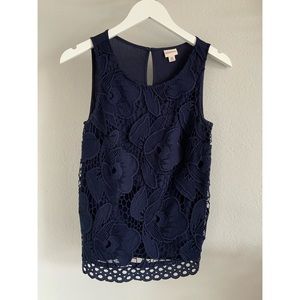 Navy Sleeveless Eyelet Lace Shift Blouse